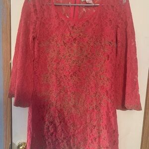 Flying Tomato Vibrant Red Lace Long Sleeve Dress